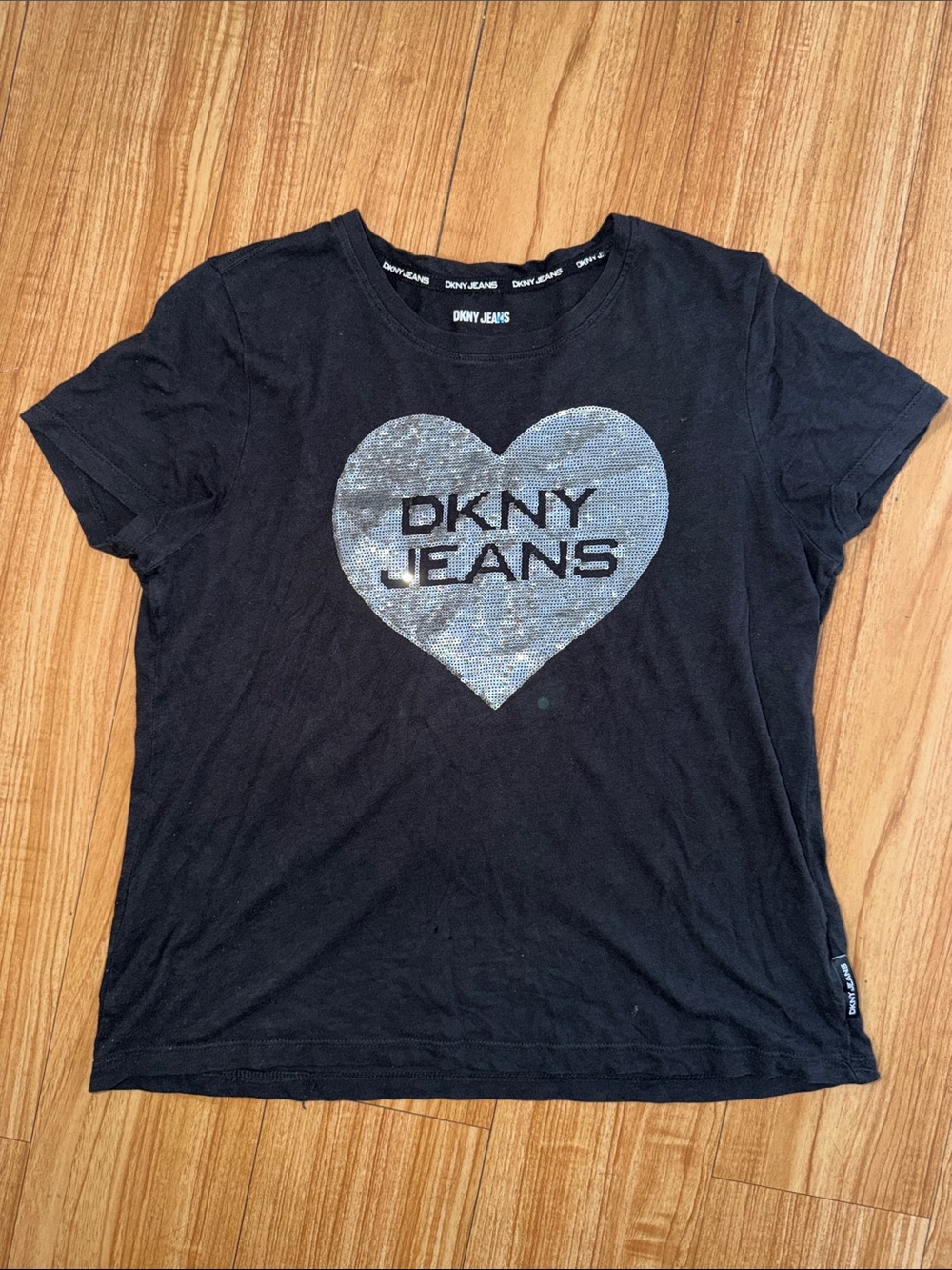 DKNY Black Tee with Silver Sequin Heart Logo